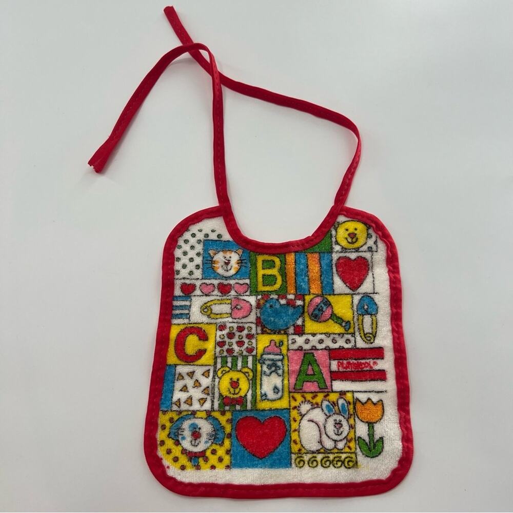 Vintage Baby Bib Red White ABC Animals Terrycloth Plastic